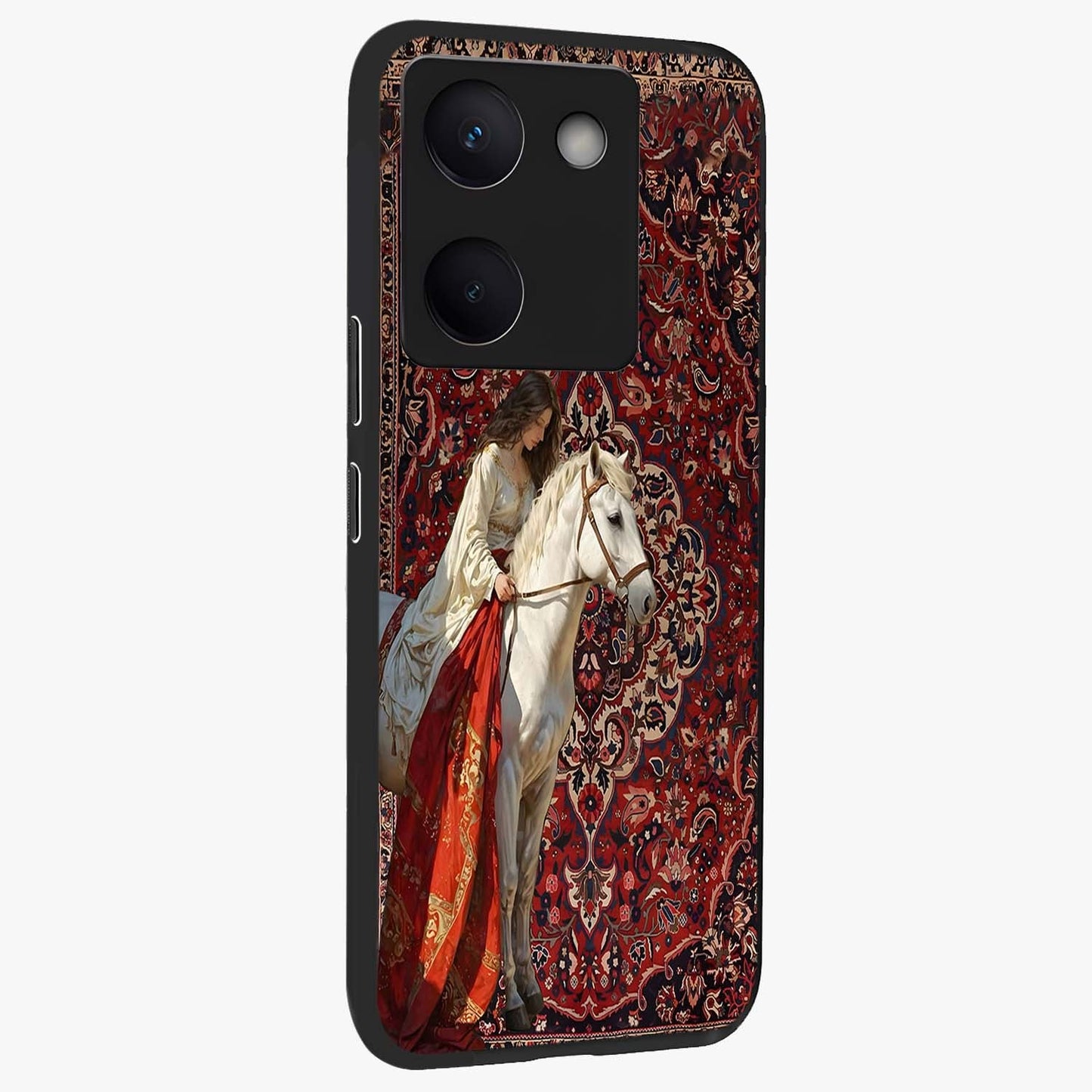 Royal Rider Tapestry Glass Case upright view showcasing detailed rider artwork with classic tapestry theme.