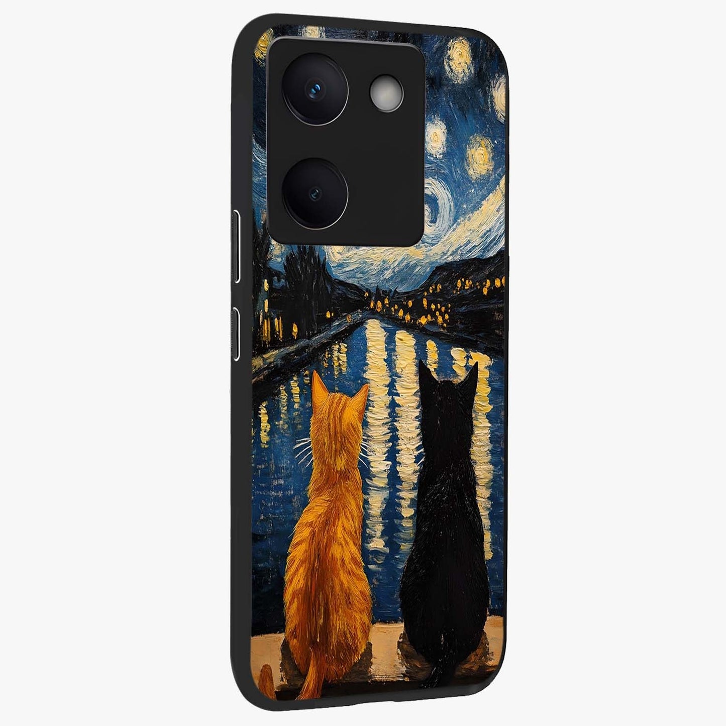 Starry River Cats Glass Case upright view showcasing adorable cat artwork with magical river and stars theme.