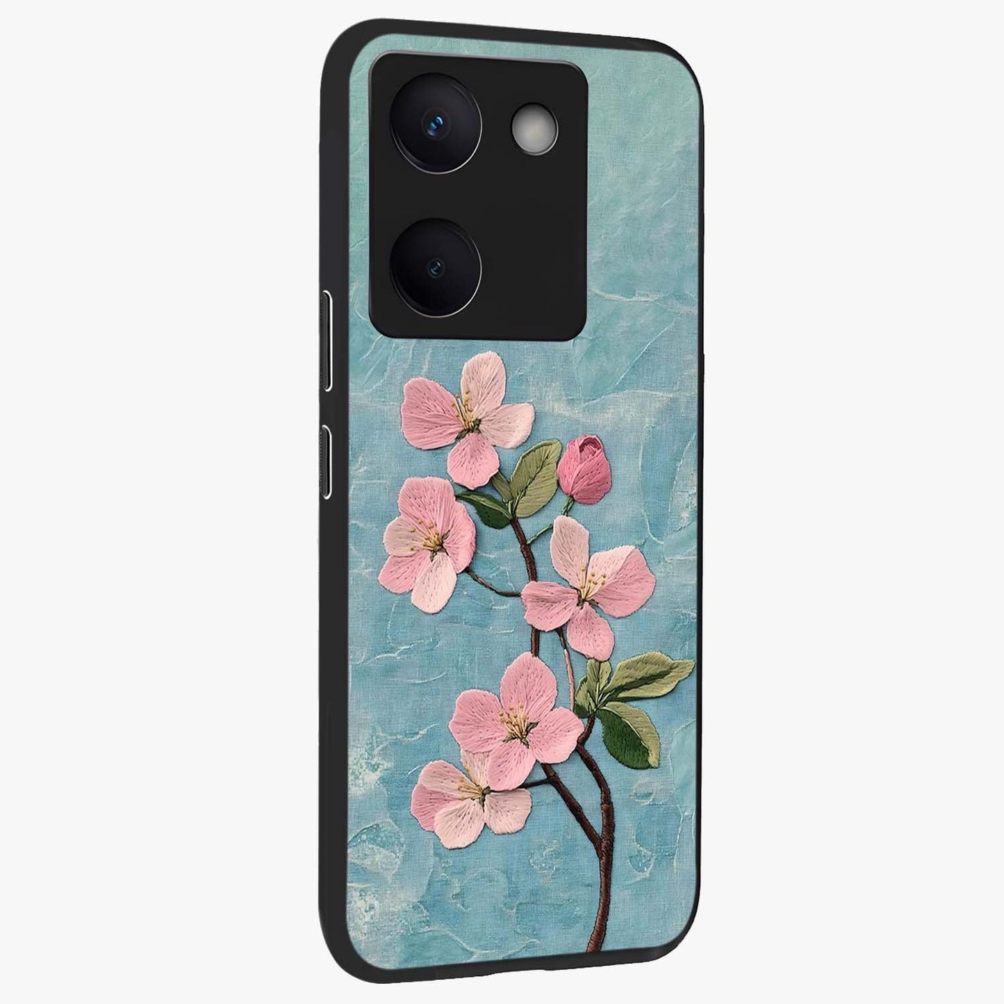 Threaded Blossom Breeze Glass Case upright view showcasing graceful flower artwork with calm botanical theme.