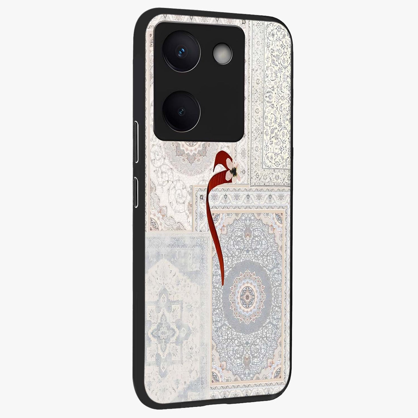 White Aesthetic Bow Glass Case upright view showcasing delicate ribbon bow artwork with cute minimalist theme.