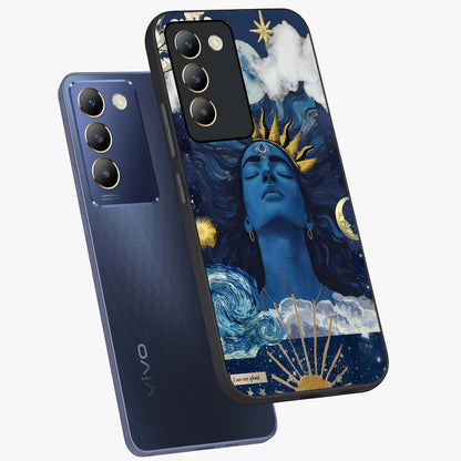 Aesthetic Lord Shiva Glass Case displayed in angled mockup highlighting spiritual Shiva illustration and sacred aesthetic design.