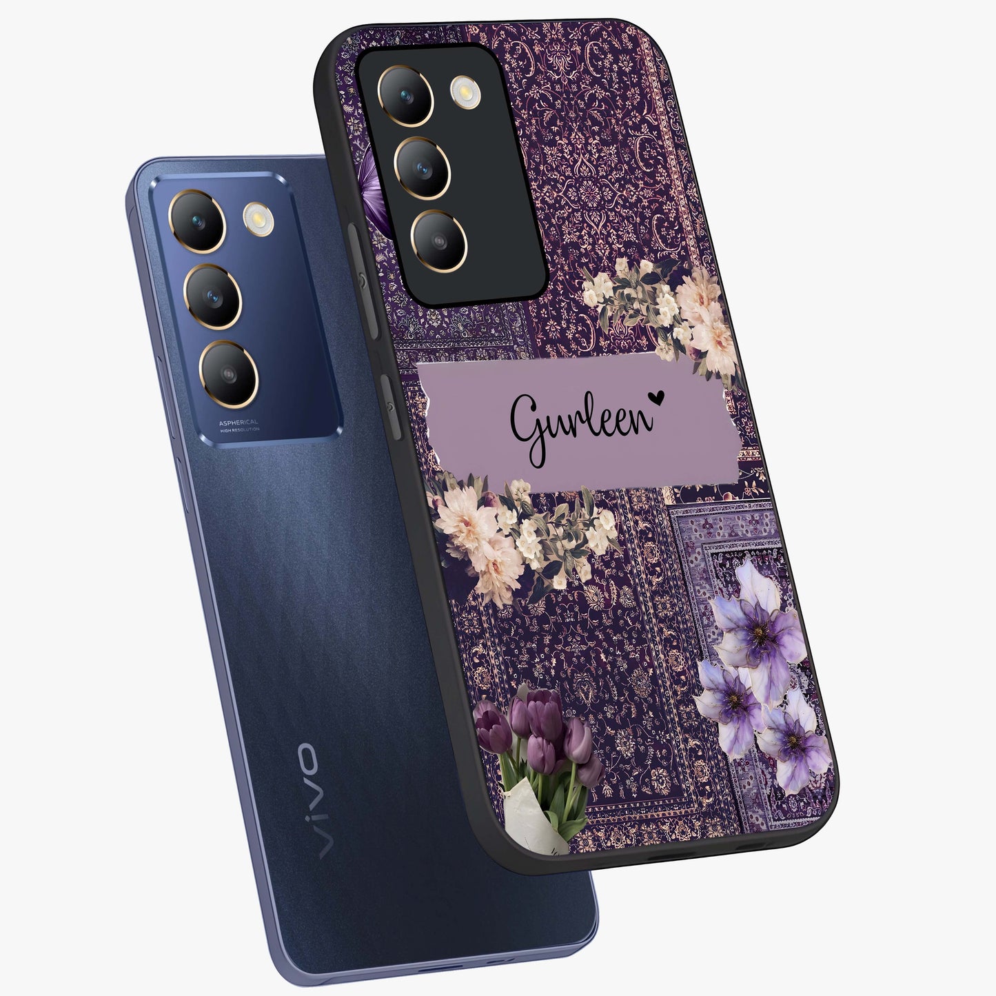 Antique Floral Whisper Custom Name Glass Case displayed in angled mockup highlighting elegant antique floral aesthetic.
