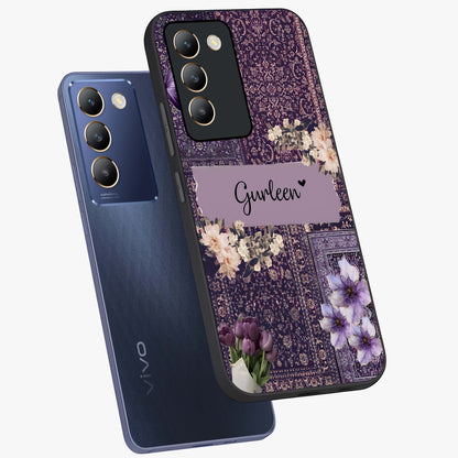 Antique Floral Whisper Custom Name Glass Case displayed in angled mockup highlighting elegant antique floral aesthetic.