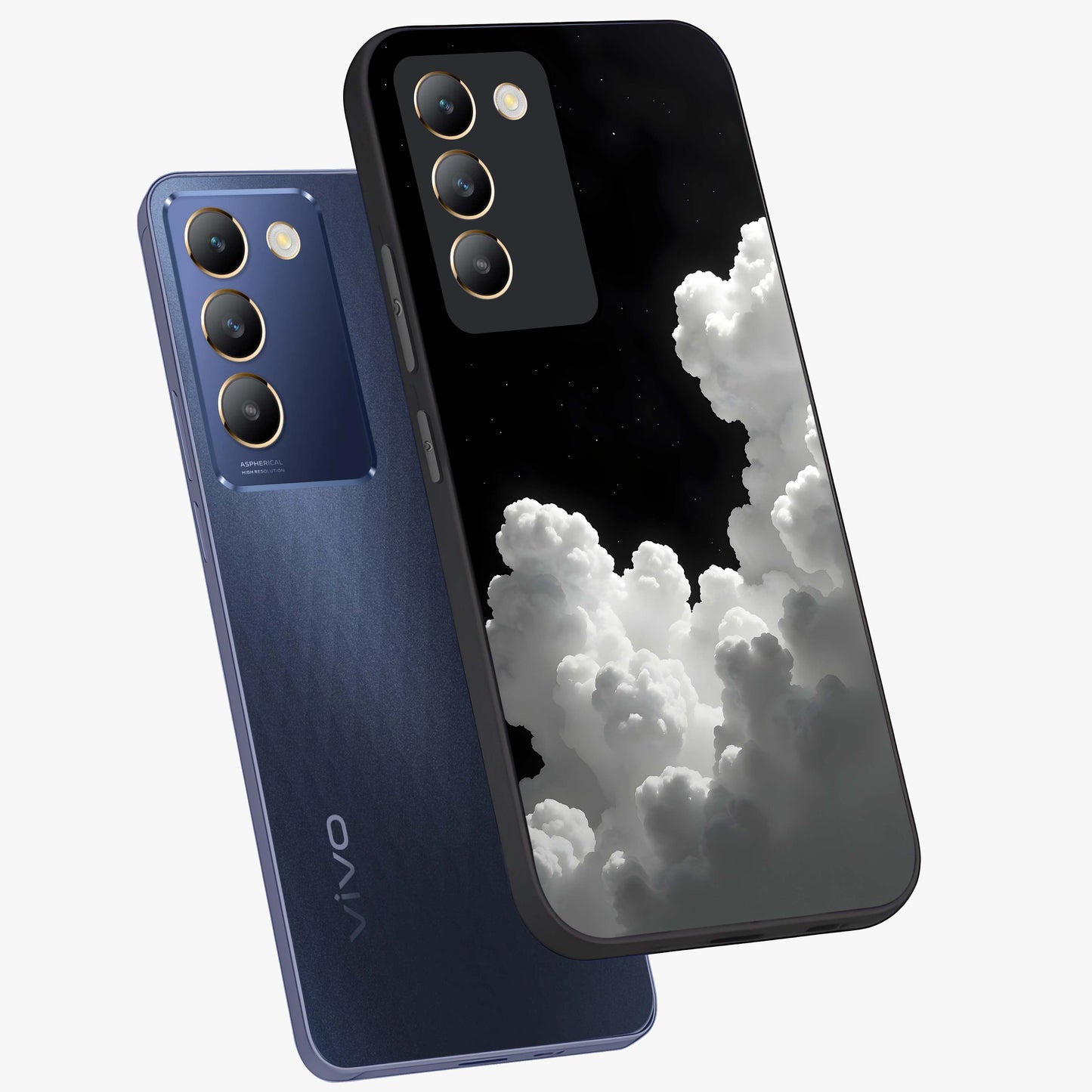 Black Background With White Cloud Glass Case displayed in angled mockup highlighting soft white cloud illustration and minimal design.