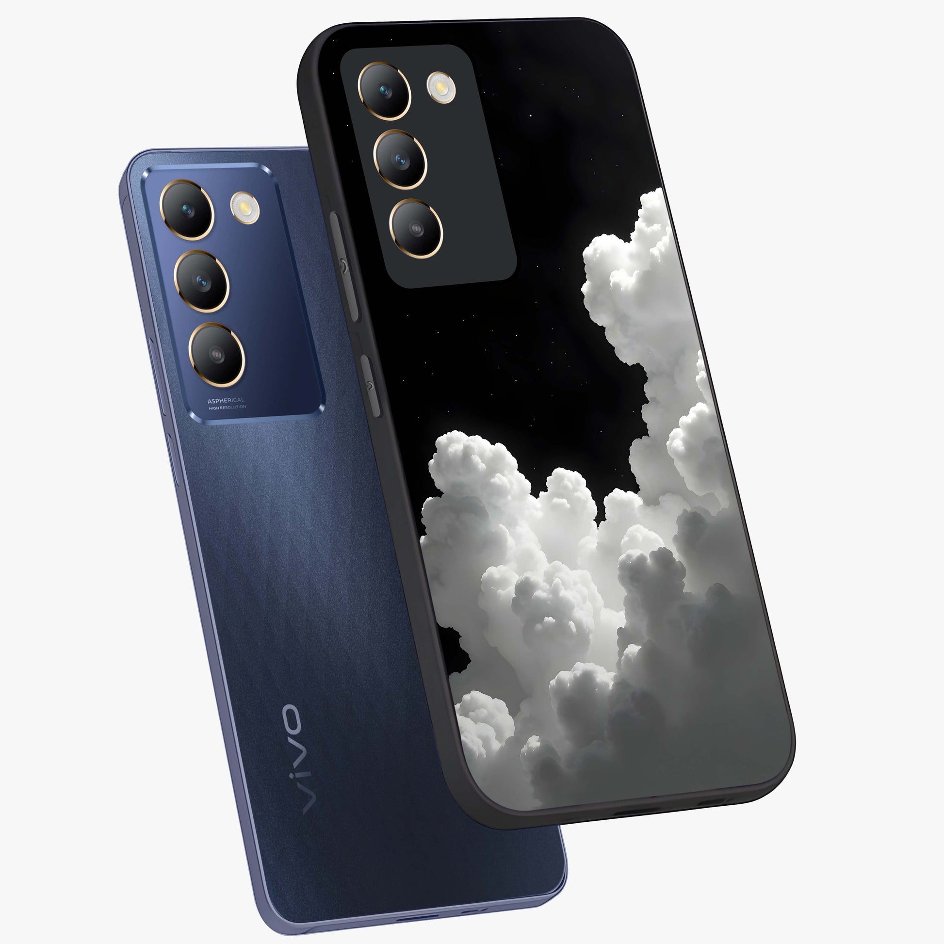 Black Background With White Cloud Glass Case displayed in angled mockup highlighting soft white cloud illustration and minimal design.