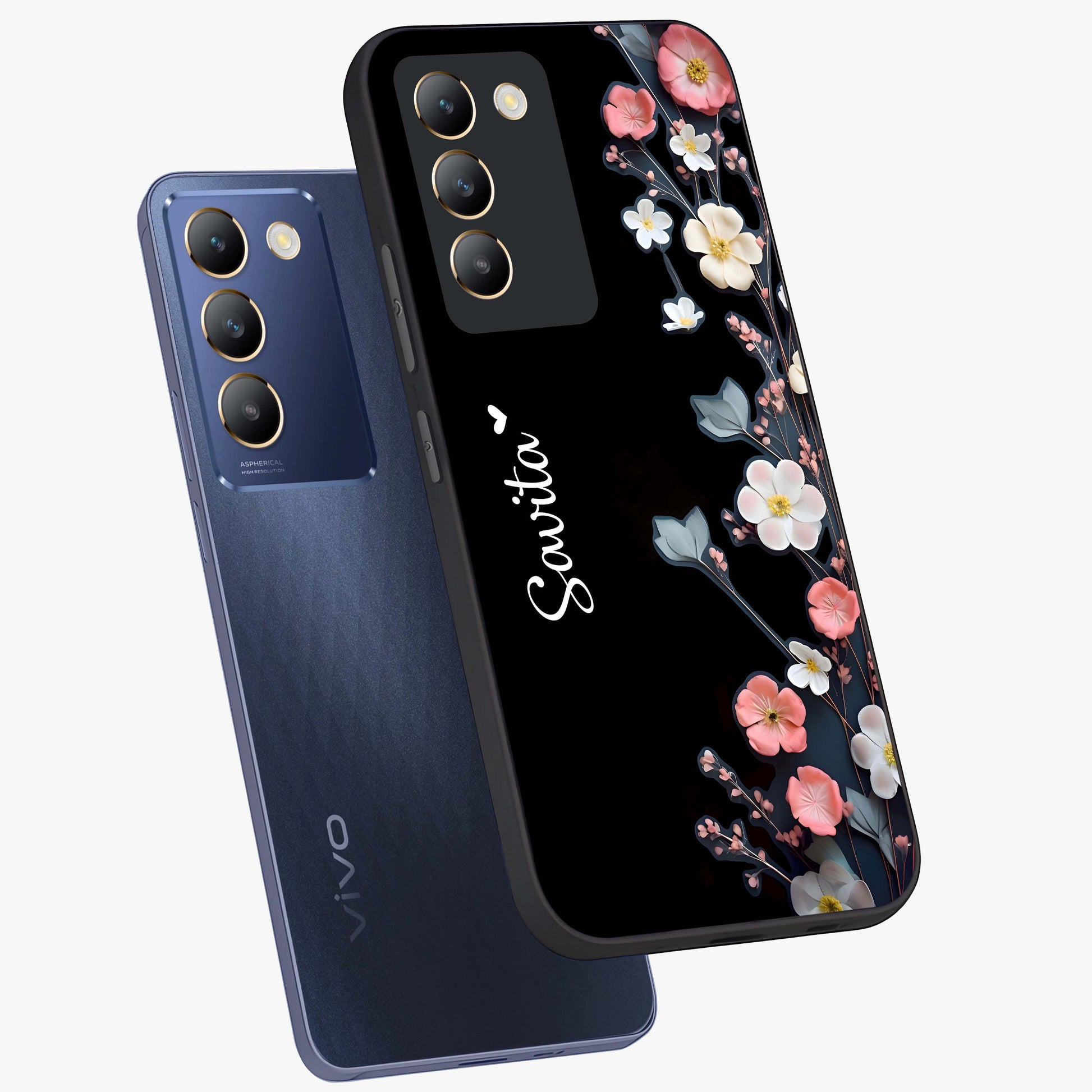 Black Elegance Floral Custom Name Glass Case displayed in angled mockup highlighting dark floral aesthetic and custom name feature.