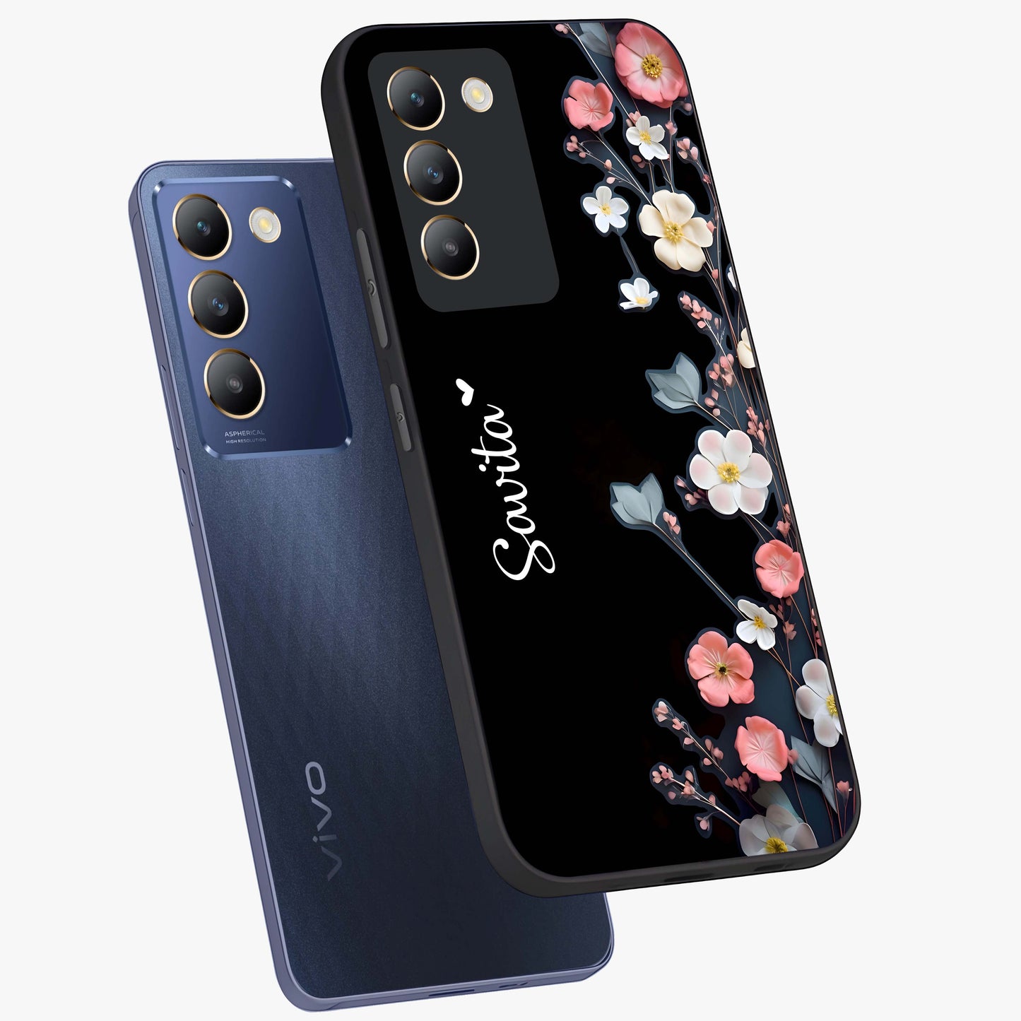 Black Elegance Floral Custom Name Glass Case displayed in angled mockup highlighting dark floral aesthetic and custom name feature.