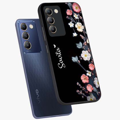 Black Elegance Floral Custom Name Glass Case displayed in angled mockup highlighting dark floral aesthetic and custom name feature.