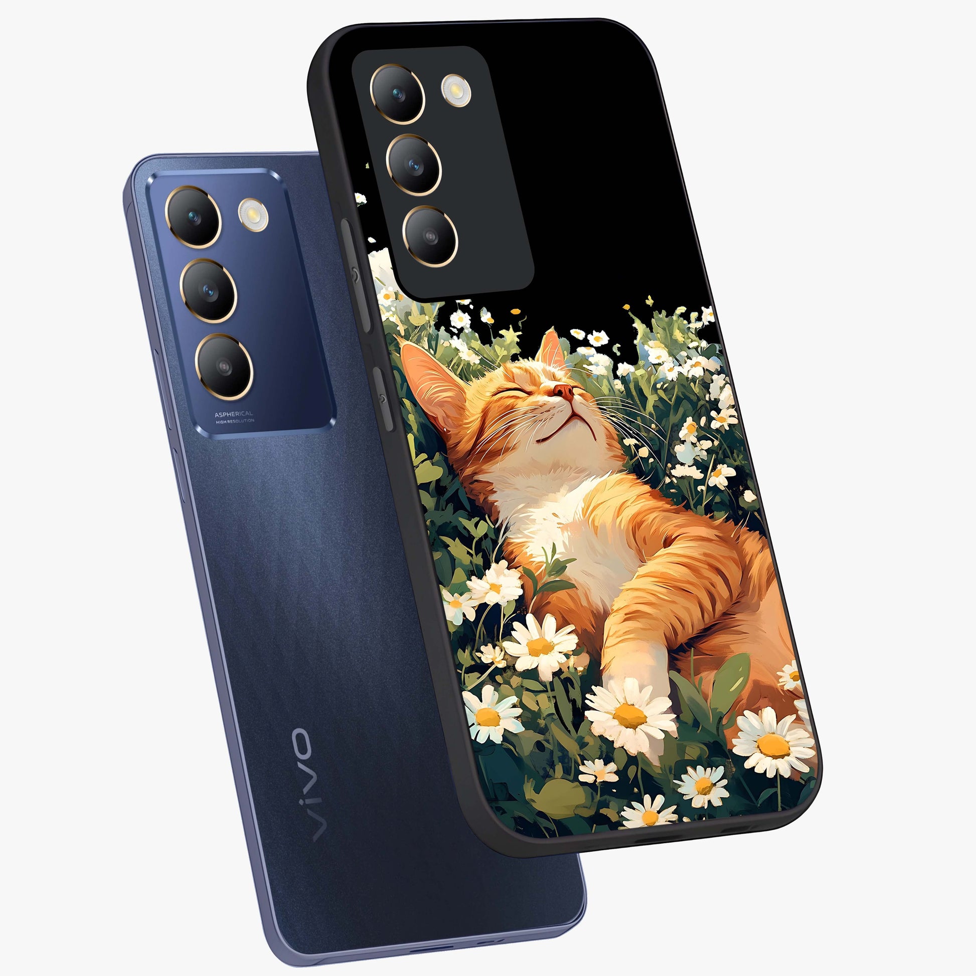 Blissful Bloom Cat Glass Case displayed in angled mockup highlighting playful feline illustration with soft floral aesthetic.