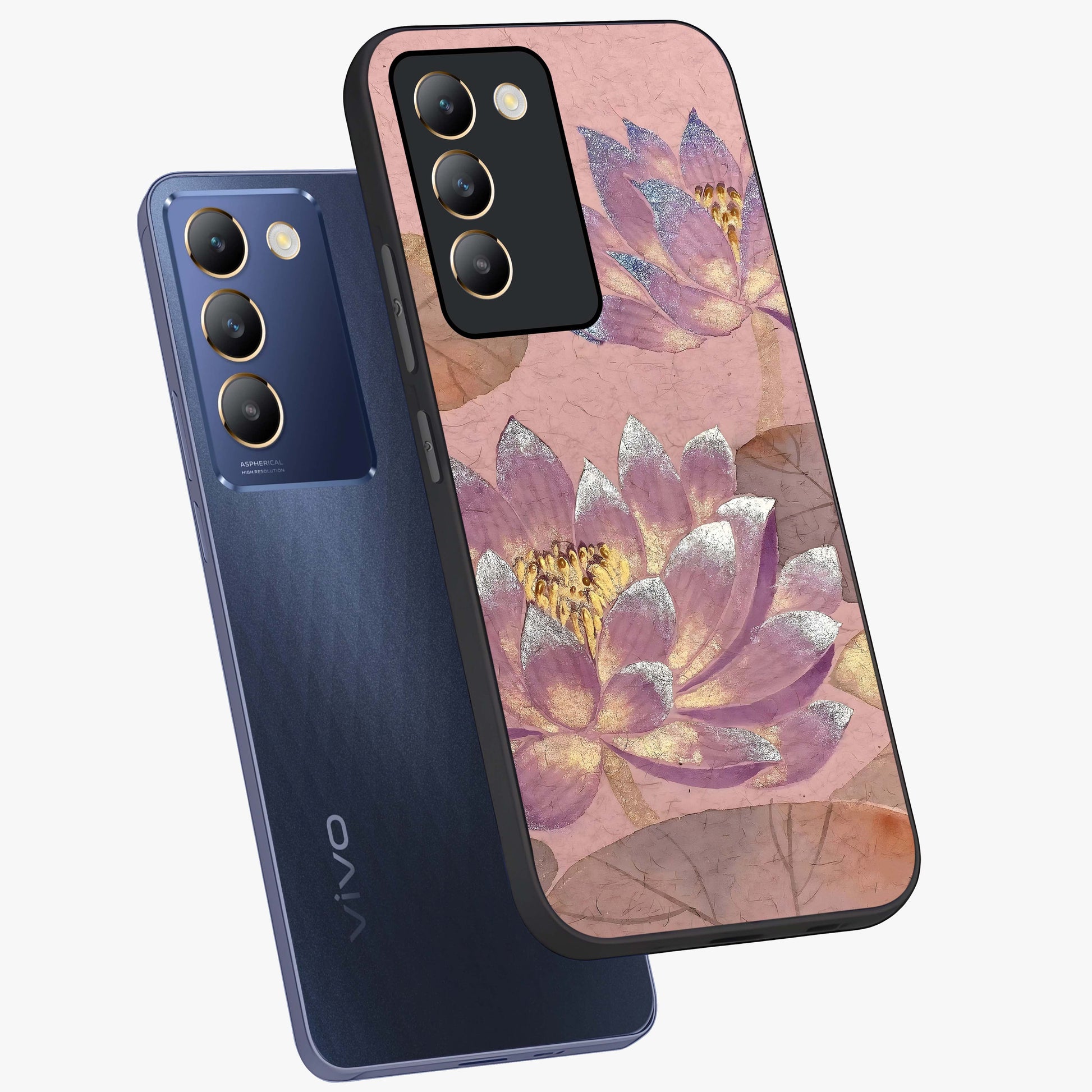 Blossom Mist Lotus Glass Case displayed in angled mockup highlighting delicate lotus illustration with calm aesthetic theme.