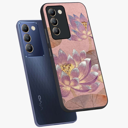 Blossom Mist Lotus Glass Case displayed in angled mockup highlighting delicate lotus illustration with calm aesthetic theme.