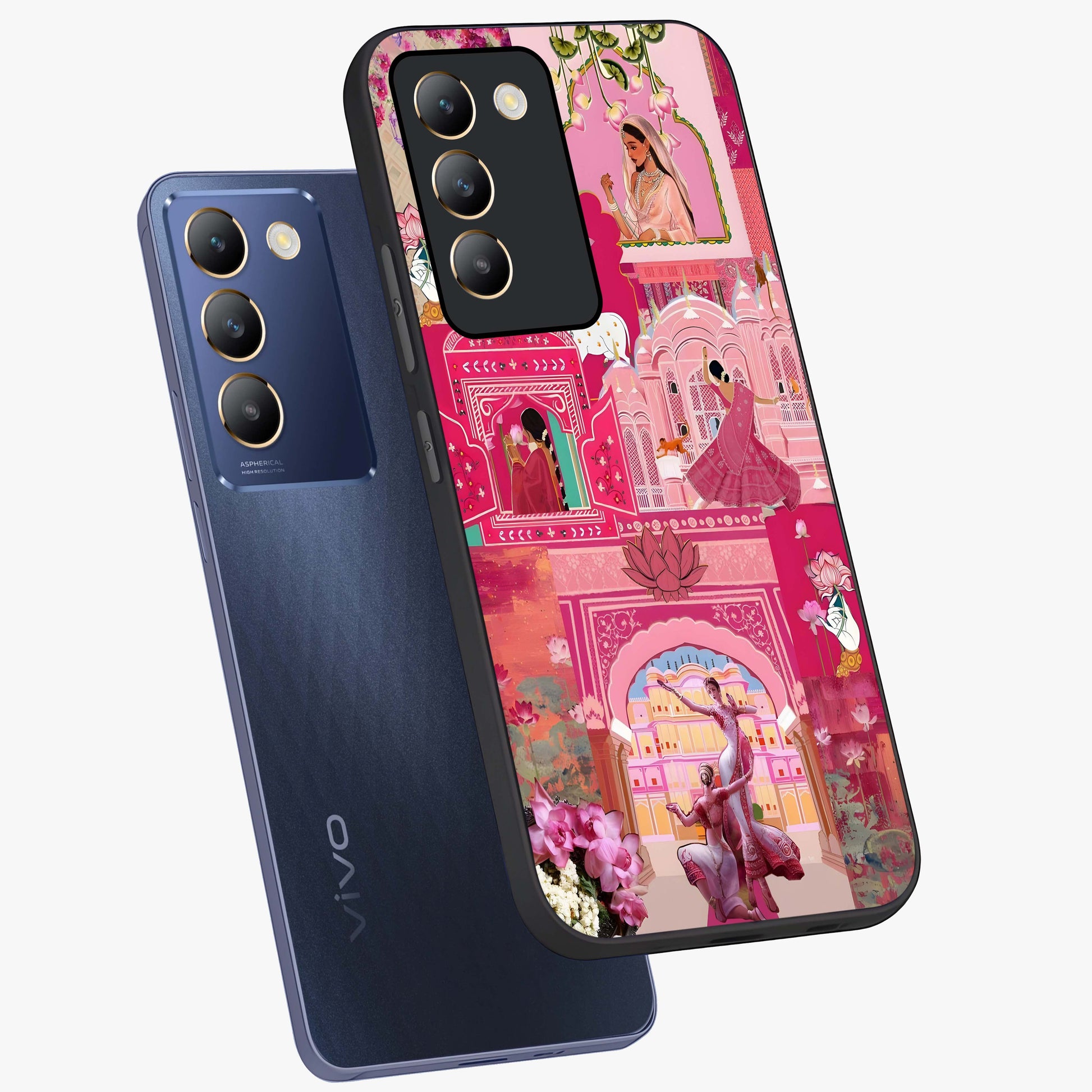Blossoms of Rajasthan Glass Case displayed in angled mockup highlighting vibrant floral pattern with cultural aesthetic style.