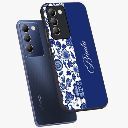 Blue Vintage Floral Pattern Glass Case displayed in angled mockup highlighting subtle bloom pattern with aesthetic pastel design.
