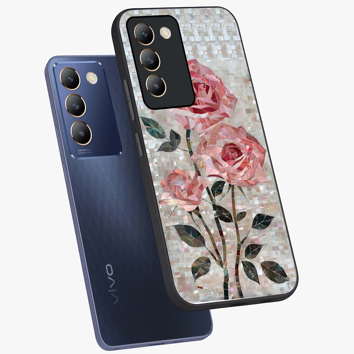 Blush Mosaic Bloom Glass Case displayed in angled mockup highlighting artistic mosaic flower pattern with aesthetic design.