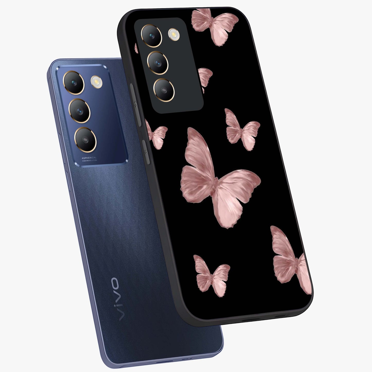 Butterfly Pattern Glass Case displayed in angled mockup highlighting delicate butterfly design and aesthetic pattern style.