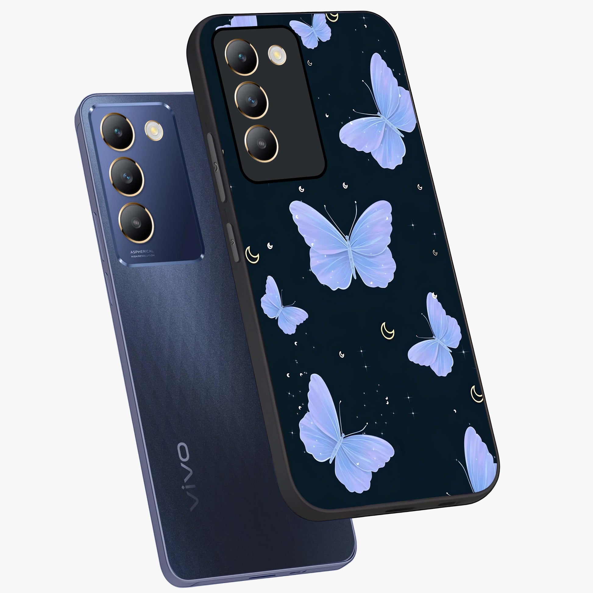 Butterfly With Stars Pattern Glass Case displayed in angled mockup highlighting dreamy butterfly and star design with aesthetic theme.