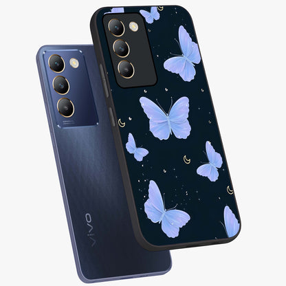 Butterfly With Stars Pattern Glass Case displayed in angled mockup highlighting dreamy butterfly and star design with aesthetic theme.