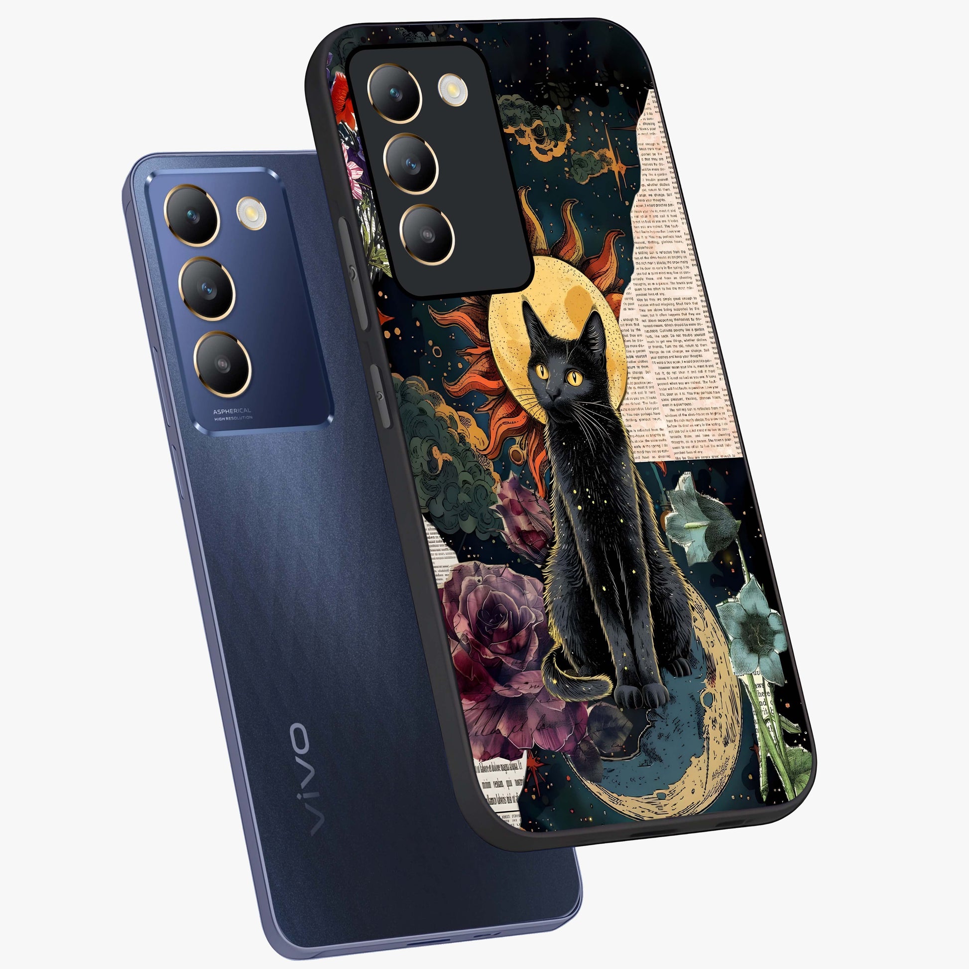 Celestial Black Cat Glass Case displayed in angled mockup highlighting cosmic black cat design with celestial aesthetic.