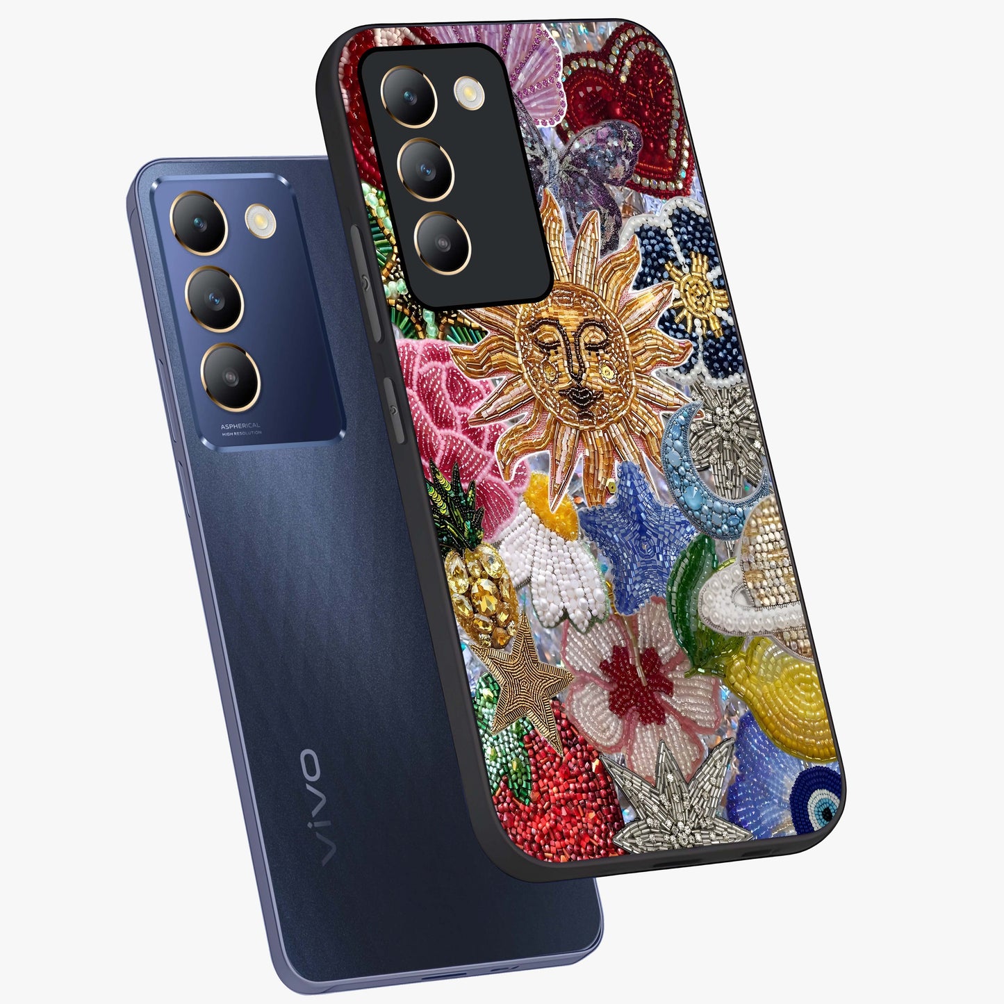 Celestial Floral and Playful Glass Case displayed in angled mockup highlighting playful floral design with dreamy celestial elements.