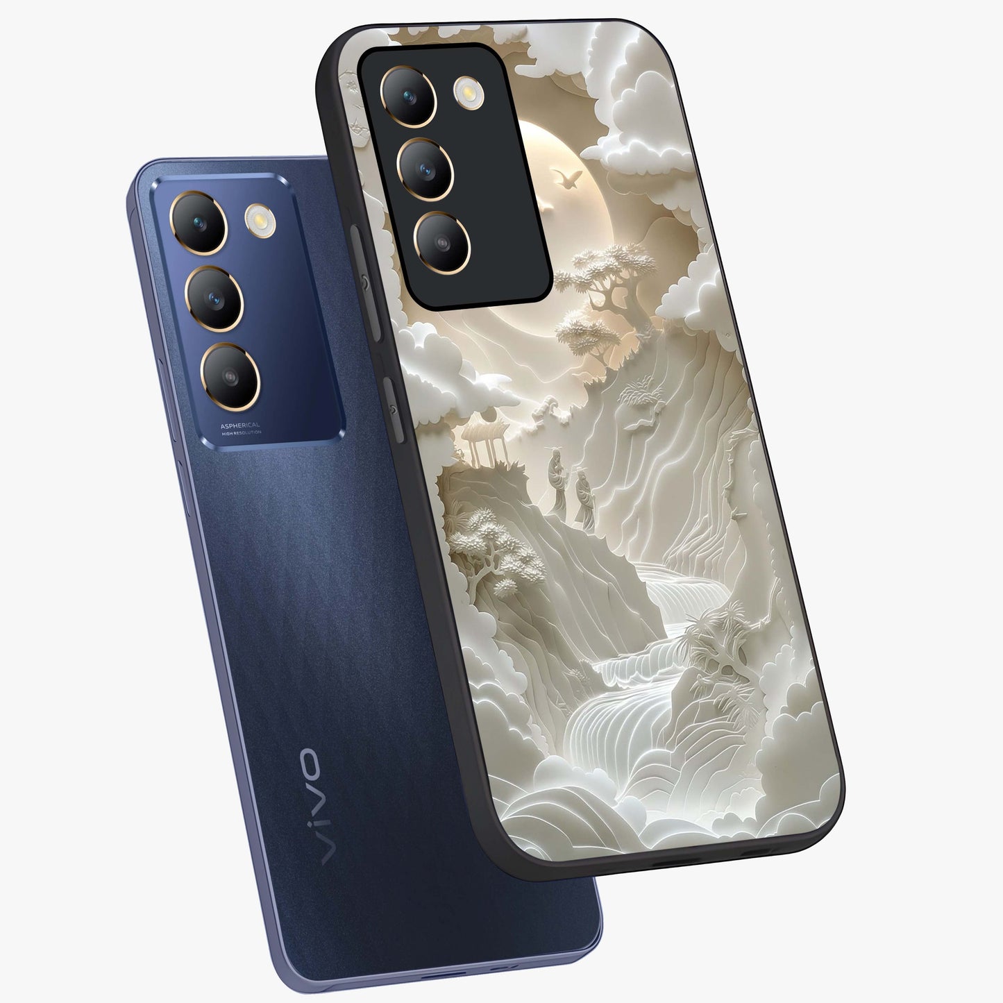 Celestial Origami Glass Case displayed in angled mockup highlighting geometric origami design with cosmic aesthetic theme.