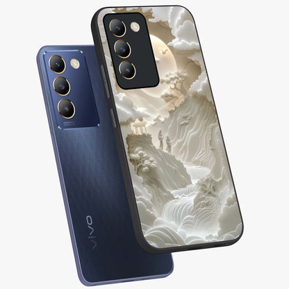 Celestial Origami Glass Case displayed in angled mockup highlighting geometric origami design with cosmic aesthetic theme.