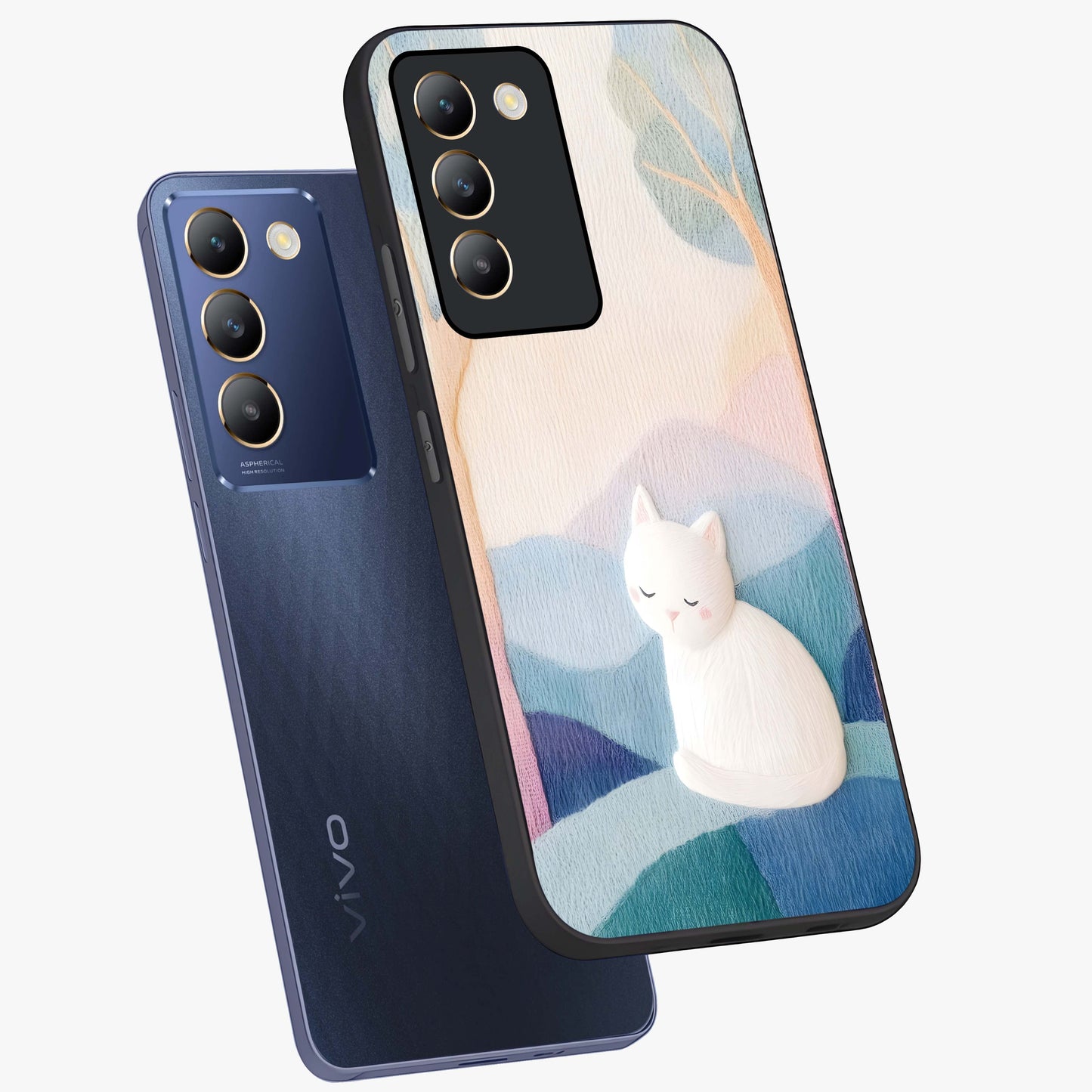 Cotton Dream Cat Glass Case displayed in angled mockup highlighting cute feline illustration with pastel aesthetic style.