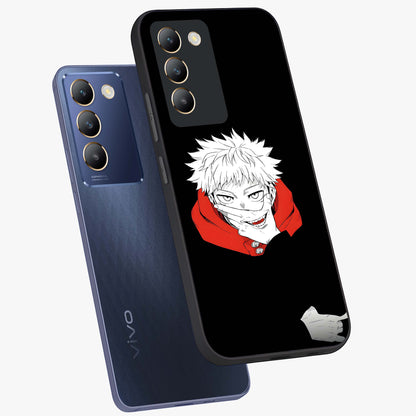 Crimson Chaos Smile Glass Case displayed in angled mockup highlighting edgy crimson smile design with graphic aesthetic.