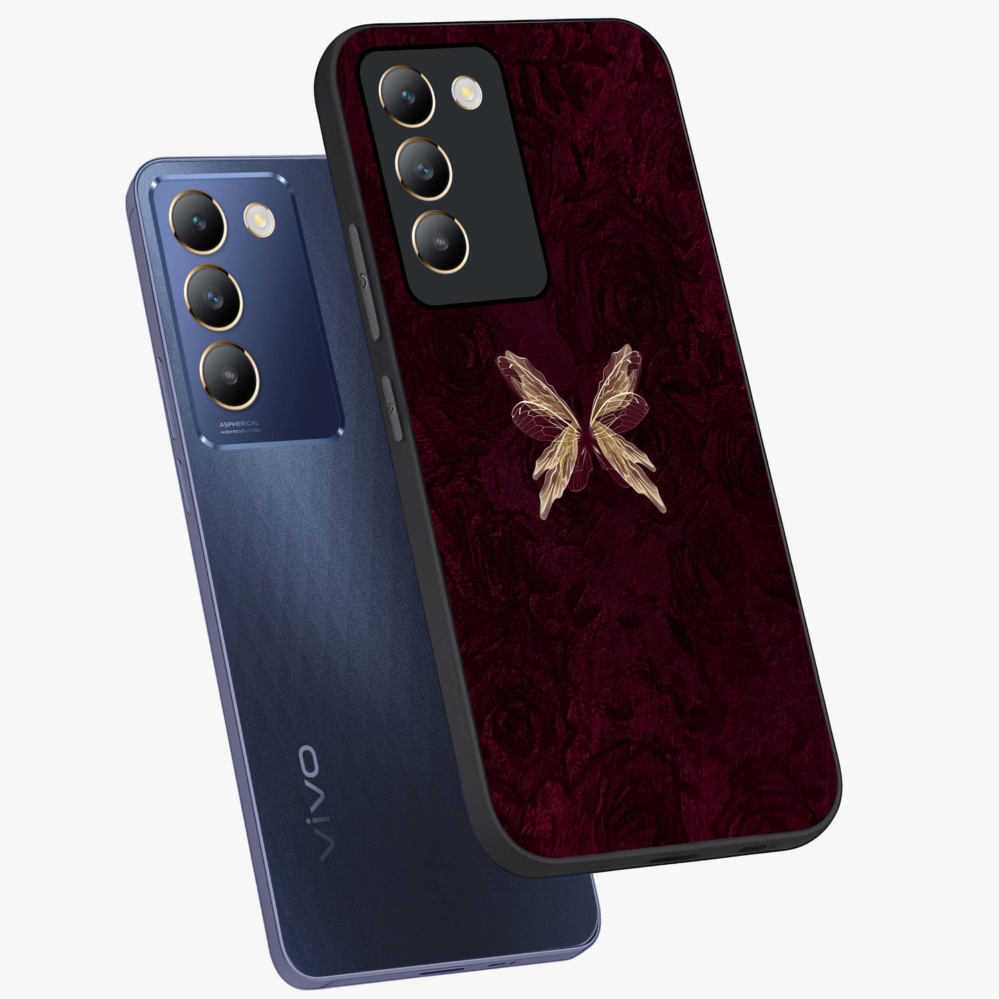 Crimson Fade Butterfly Glass Case displayed in angled mockup highlighting elegant butterfly design with crimson gradient aesthetic.