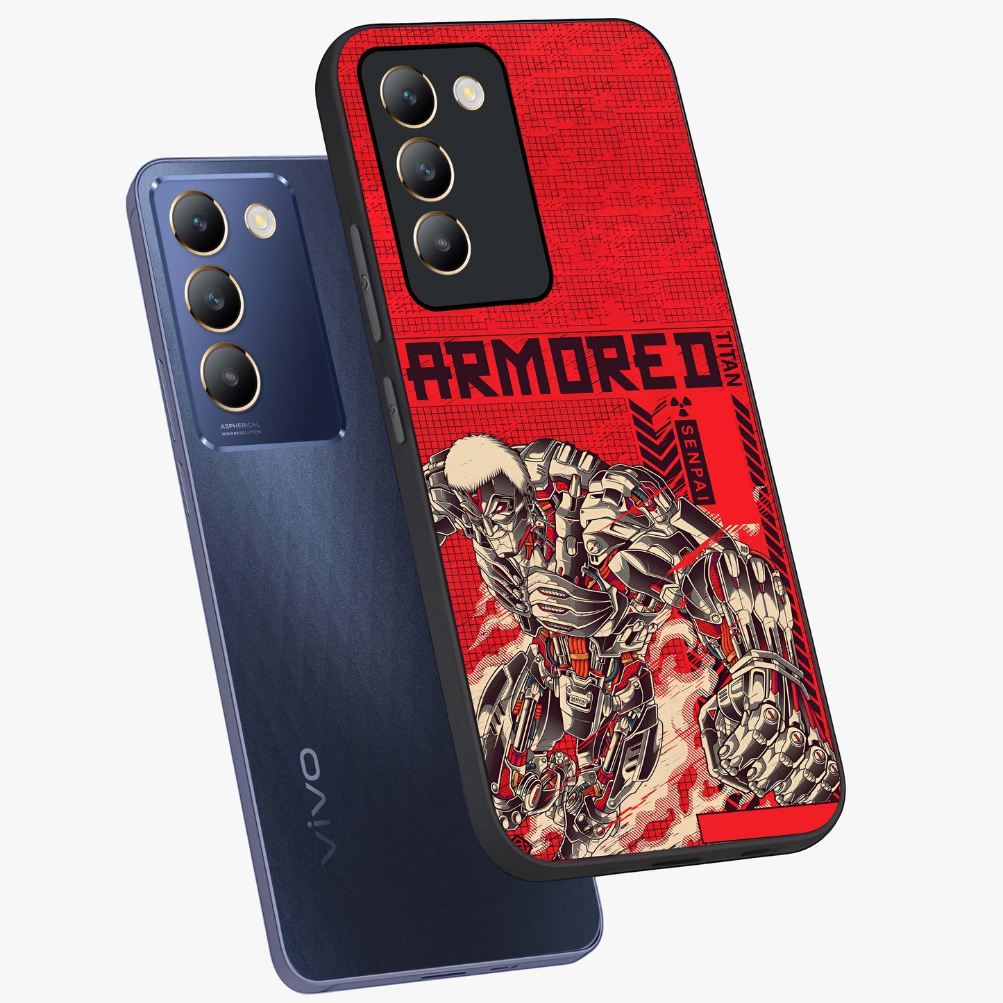 Crimson Mecha Titan Glass Case displayed in angled mockup highlighting futuristic mech illustration with bold crimson aesthetic.
