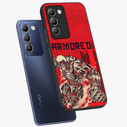 Crimson Mecha Titan Glass Case displayed in angled mockup highlighting futuristic mech illustration with bold crimson aesthetic.