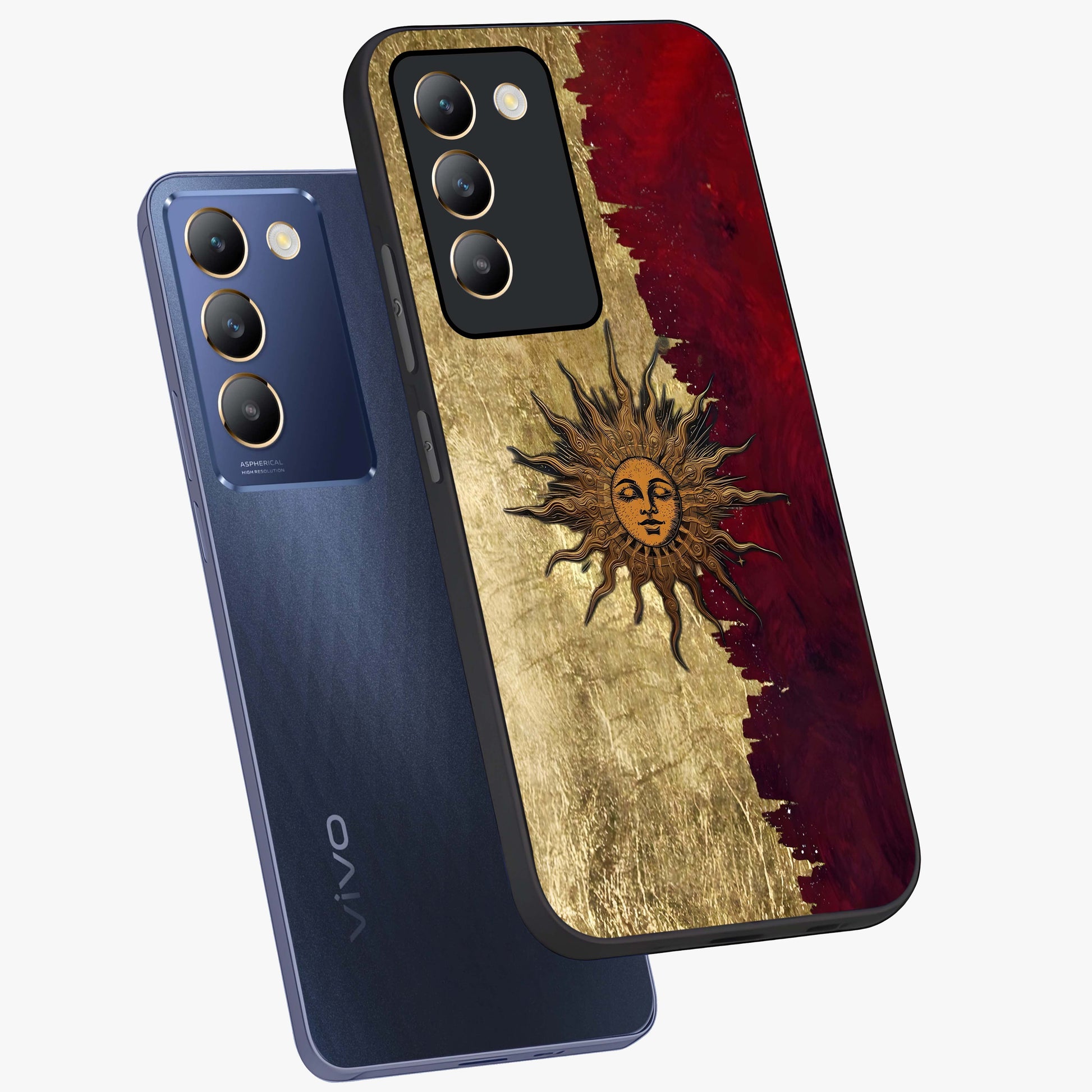Crimson Sun Majesty Glass Case displayed in angled mockup highlighting majestic crimson sun design with bold aesthetic style.