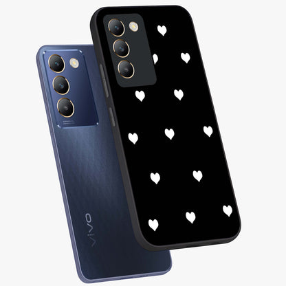 Cute And Simple White Hearts Glass Case displayed in angled mockup highlighting cute heart design with clean aesthetic style.