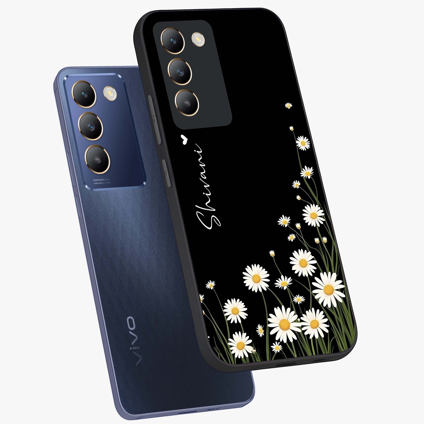 Daisy Cascade Custom Name Glass Case displayed in angled mockup highlighting delicate daisy artwork with custom name feature.