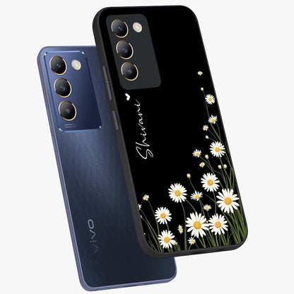Daisy Cascade Custom Name Glass Case displayed in angled mockup highlighting delicate daisy artwork with custom name feature.