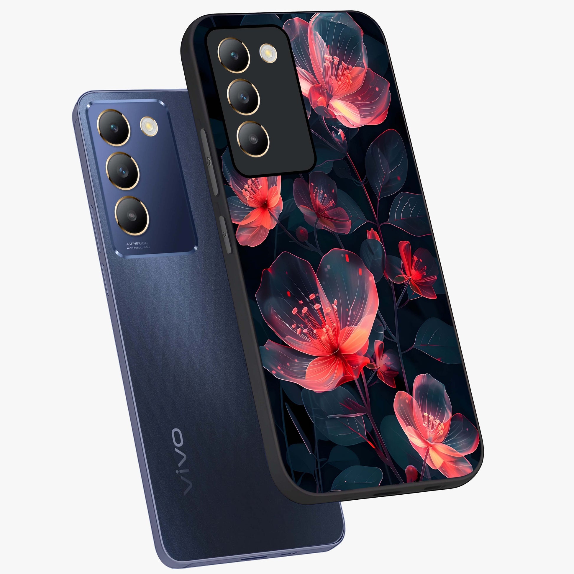 Dark Shade of Flower Glass Case displayed in angled mockup highlighting moody floral illustration with aesthetic dark tones.