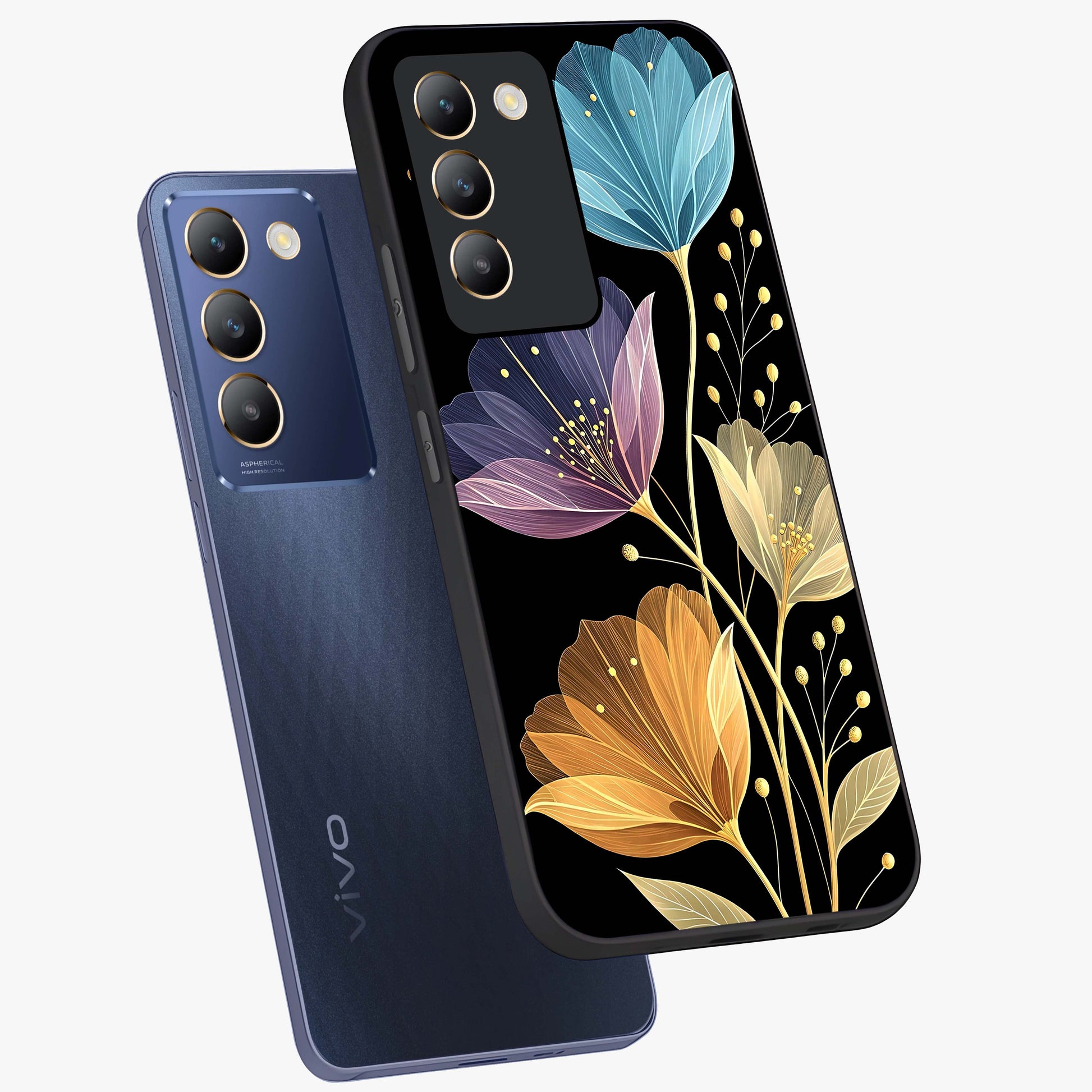 Delicate Multicolor Flowers Glass Case displayed in angled mockup highlighting colorful flower pattern with soft aesthetic style.