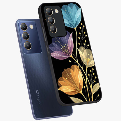 Delicate Multicolor Flowers Glass Case displayed in angled mockup highlighting colorful flower pattern with soft aesthetic style.