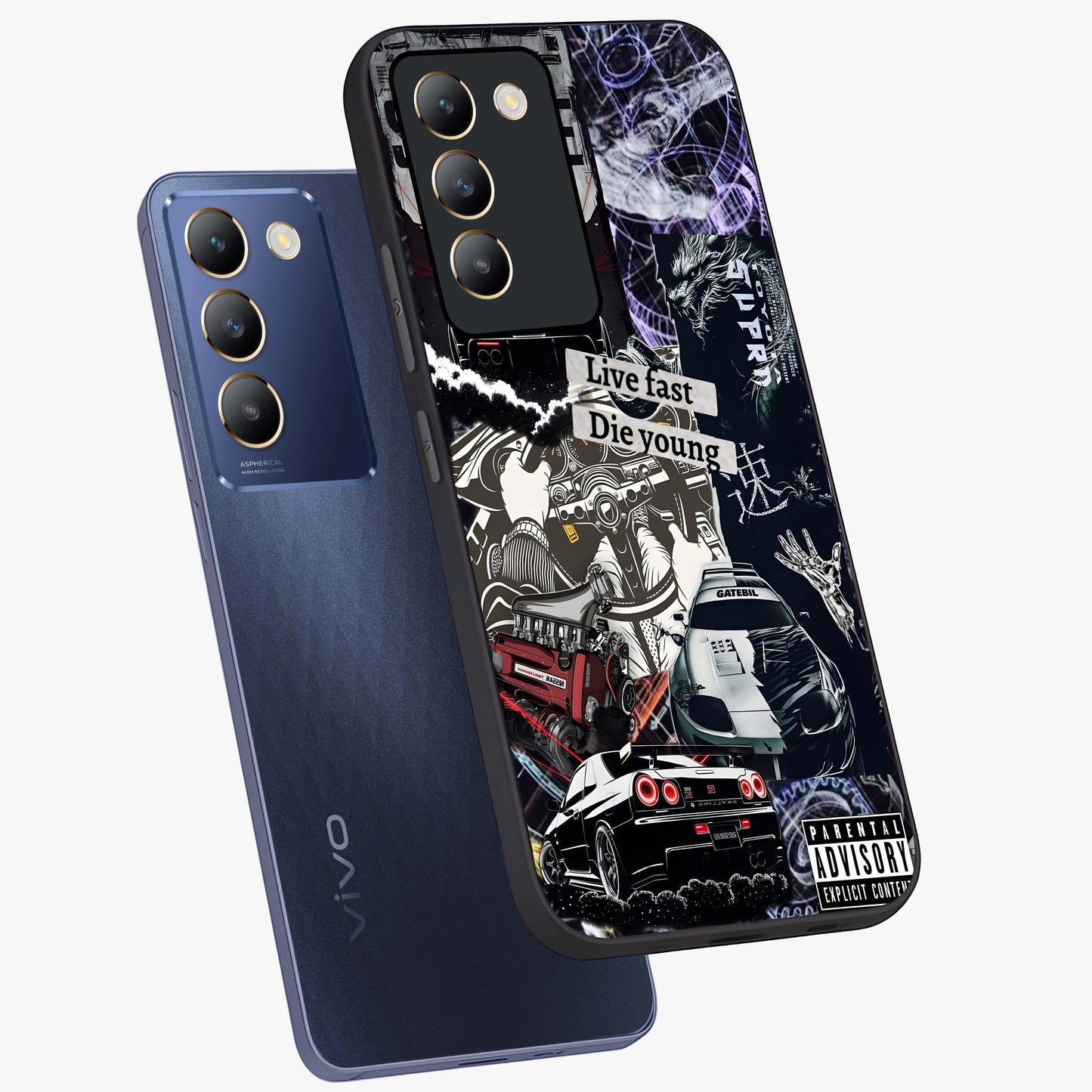 Die Young Glass Case displayed in angled mockup highlighting expressive graphic artwork with edgy aesthetic style.