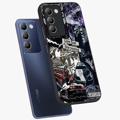 Die Young Glass Case displayed in angled mockup highlighting expressive graphic artwork with edgy aesthetic style.
