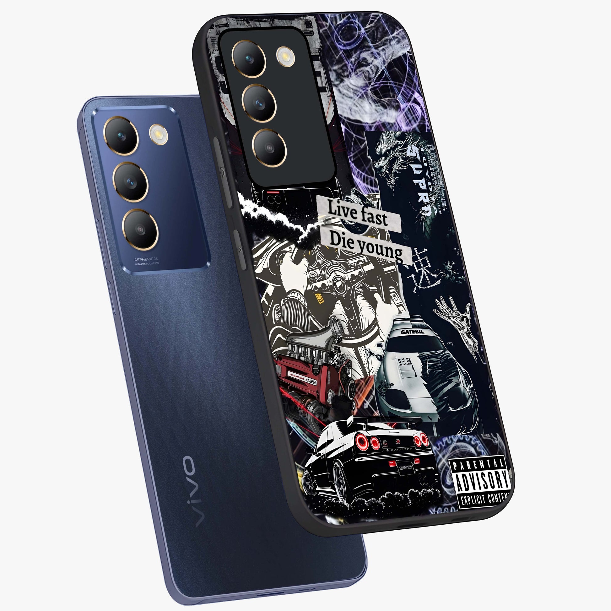 Die Young Glass Case displayed in angled mockup highlighting expressive graphic artwork with edgy aesthetic style.