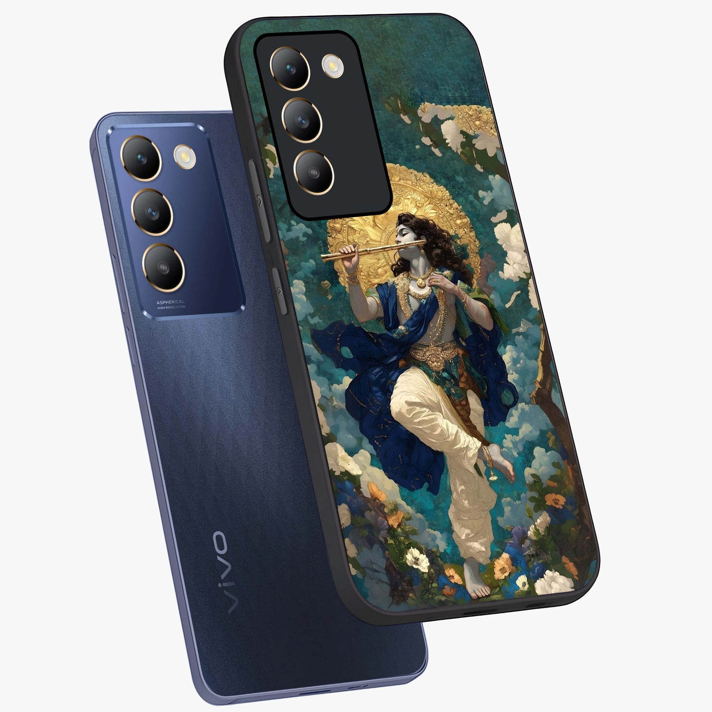 Divine Krishna Art Glass Case displayed in angled mockup highlighting spiritual Krishna illustration with devotional aesthetic.