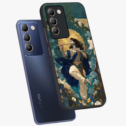 Divine Krishna Art Glass Case displayed in angled mockup highlighting spiritual Krishna illustration with devotional aesthetic.