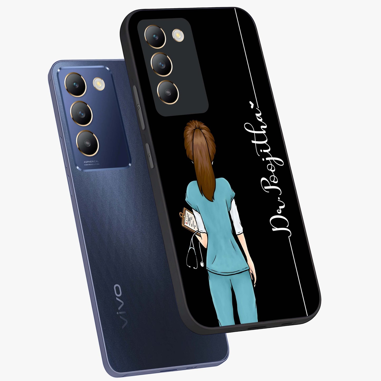 Doctor Pattern Custom Name Glass Case displayed in angled mockup highlighting doctor inspired artwork with custom name feature.