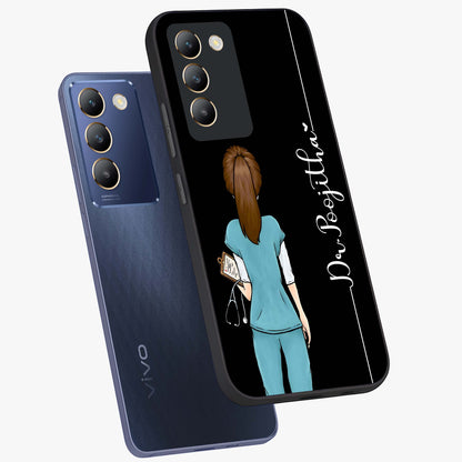 Doctor Pattern Custom Name Glass Case displayed in angled mockup highlighting doctor inspired artwork with custom name feature.