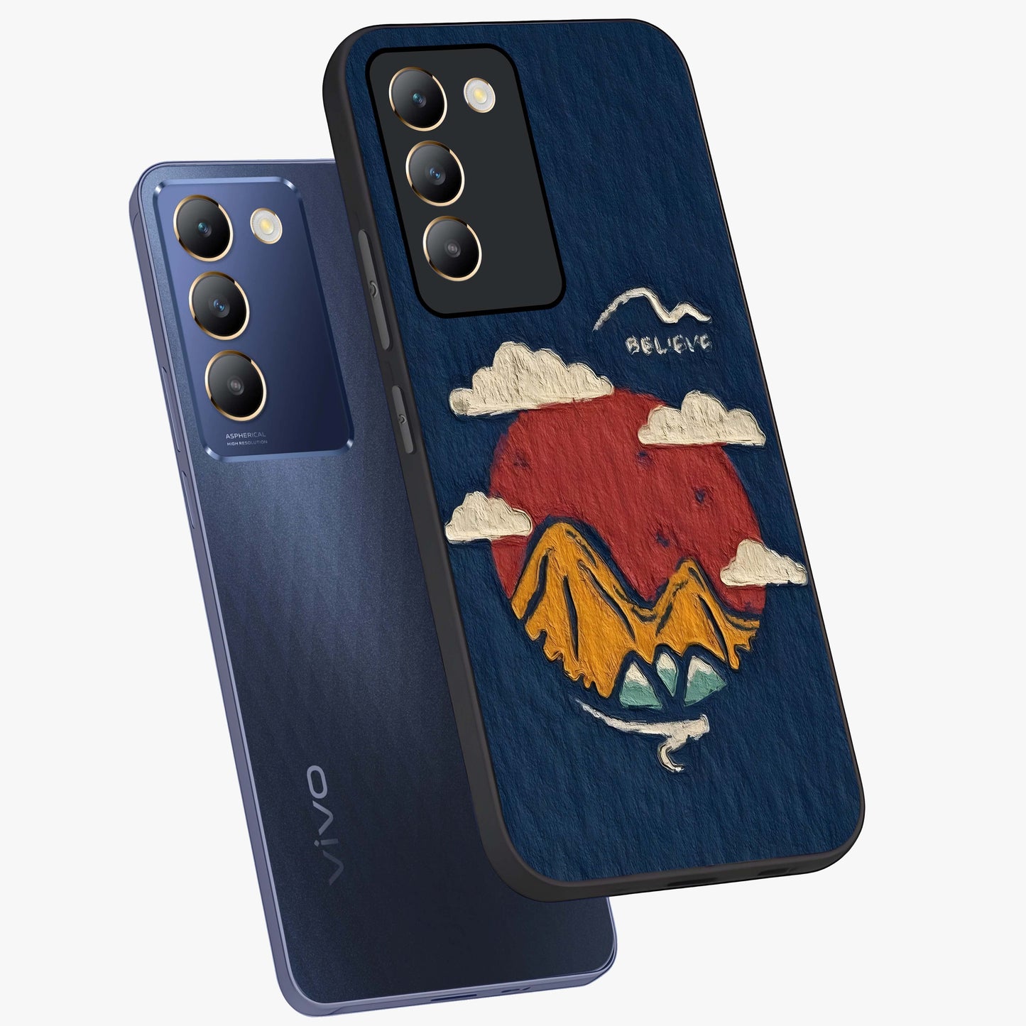 Dream Beyond Mountains Glass Case displayed in angled mockup highlighting dreamy mountain illustration with peaceful aesthetic.