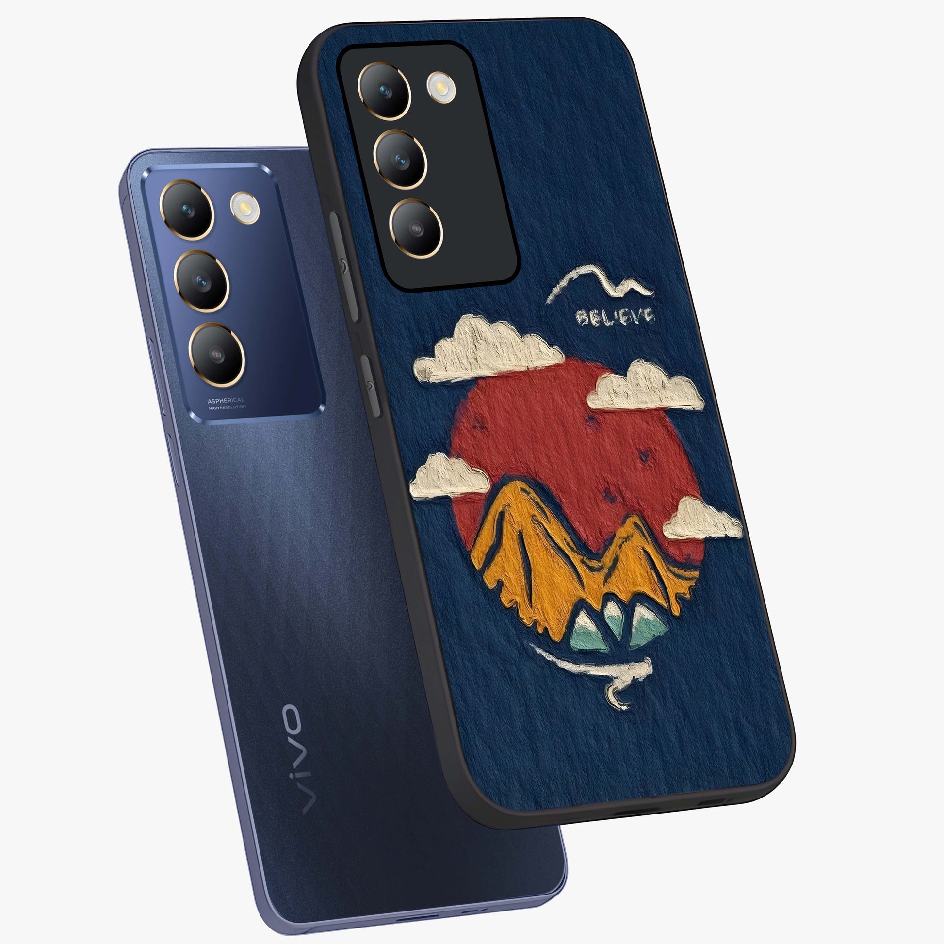Dream Beyond Mountains Glass Case displayed in angled mockup highlighting dreamy mountain illustration with peaceful aesthetic.
