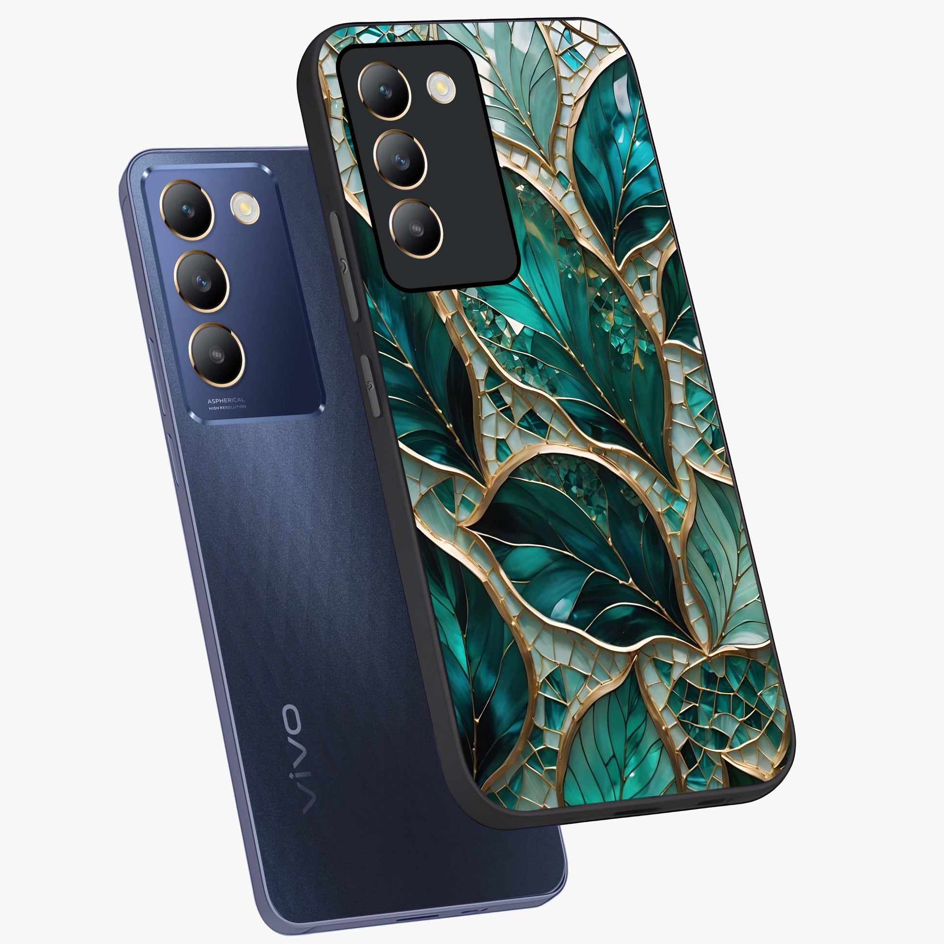 Emerald Leaf Glass Glass Case displayed in angled mockup highlighting botanical leaf illustration with elegant natural aesthetic.