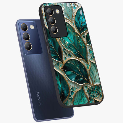 Emerald Leaf Glass Glass Case displayed in angled mockup highlighting botanical leaf illustration with elegant natural aesthetic.