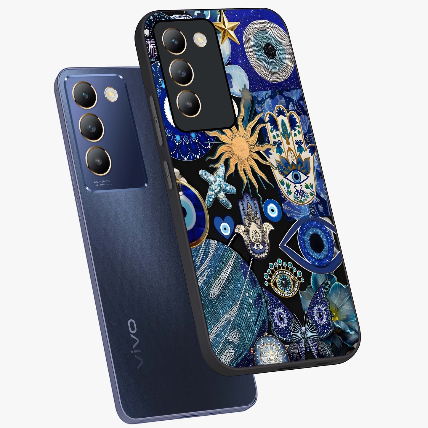 Evil Eye Charm Mix Glass Case displayed in angled mockup highlighting protective evil eye symbols with spiritual aesthetic design.