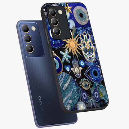Evil Eye Charm Mix Glass Case displayed in angled mockup highlighting protective evil eye symbols with spiritual aesthetic design.
